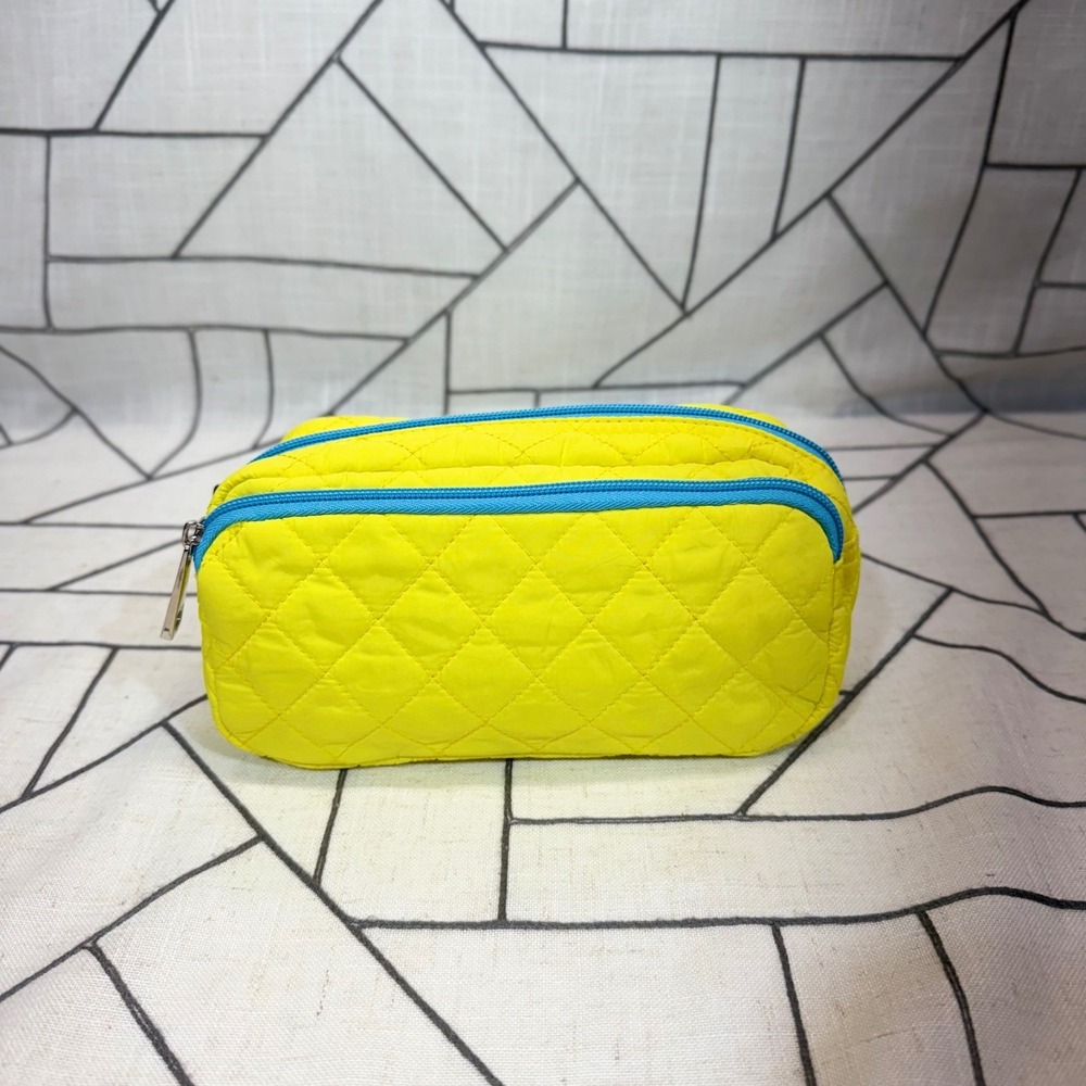 Tula Cosmetic Bag Small Yellow Quilted Double Zip Makeup Pouch‎